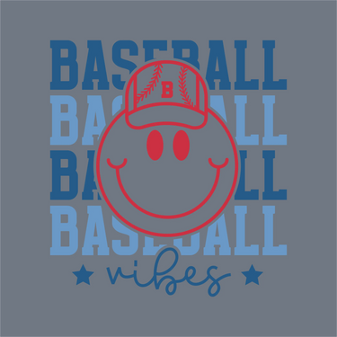 A red smiley face in a “B” cap sits atop blue “BASEBALL” text with stars and “vibes”—the perfect InkMerge Baseball Vibes DTF Transfer – Ready to Press for your next heat press project.